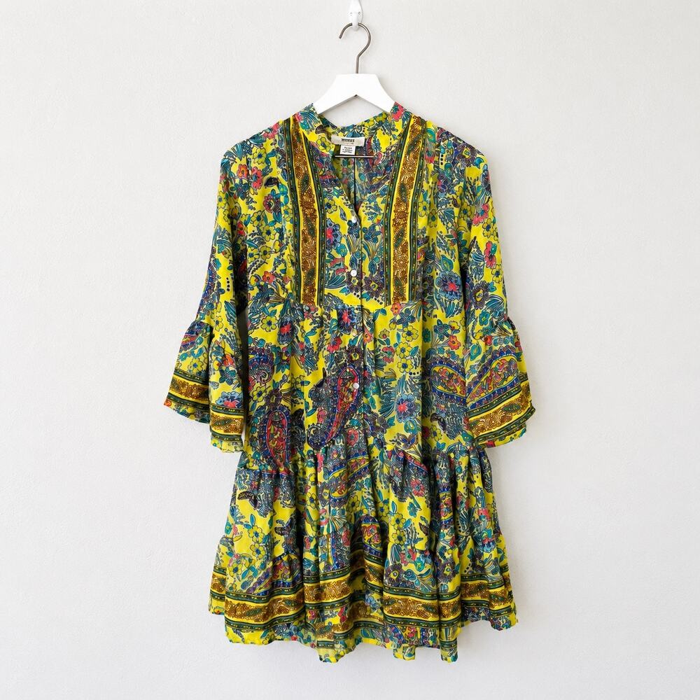 Zury Yellow Silk Blend Paisley Floral Tiered Boho Tunic Dress Free Size